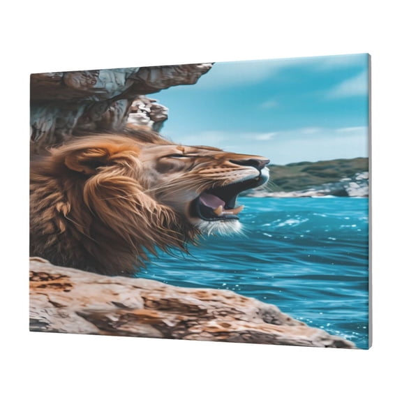 Gukieu Ice Blue Coastal Lion Print Horizontal Canvas Decorative Painting 12x16 Inch Shrinkage Resistant Frame Hanging Home Wall Art Decor