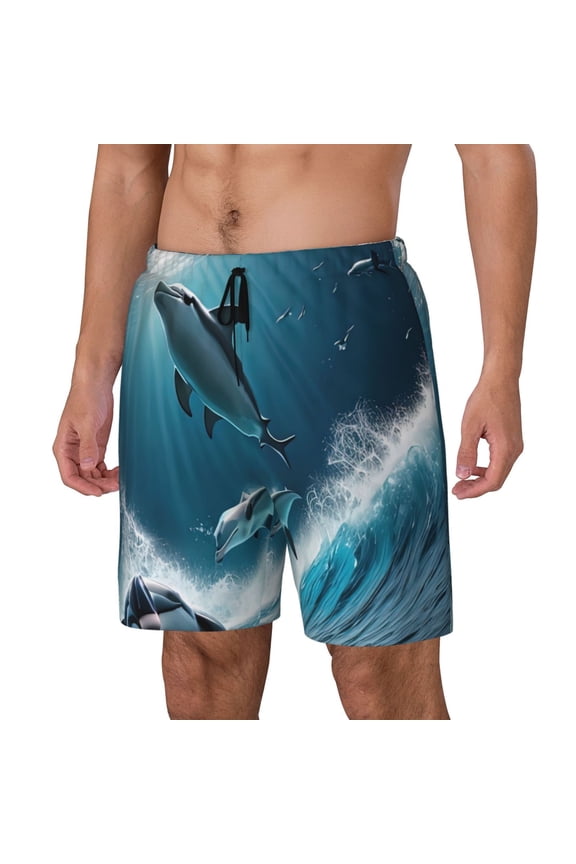 Ice Blue Ocean Cute Dolphin A Print Men's Double Layer Sports Swim Trunks, Quick Dry Adjustable Waist Swim Shorts Swimwear-Small