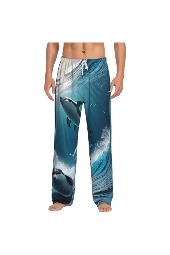 Ice Blue Ocean Cute Dolphin A Print Men's Home Trousers, Elastic Drawstring Home Pajamas Clothing Suitable for Adult Men-Large