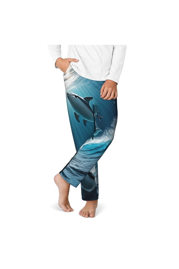 Ice Blue Ocean Cute Dolphin A Print Youth Home Trousers, Elastic Waistband with Pockets for Home and Outing, Suitable for Children Aged 5-16-Large