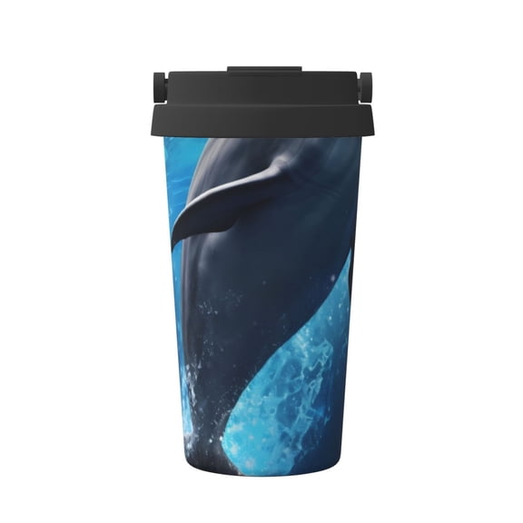 Gukieu Ice Blue Ocean Cute Dolphin Print Insulated Coffee Cup, Portable Stainless Steel Vacuum Cup with Lid, Unisex, Suitable for Office, Cafe, Car