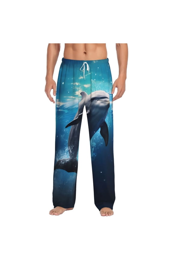 Ice Blue Ocean Cute Dolphin Print Men's Home Trousers, Elastic Drawstring Home Pajamas Clothing Suitable for Adult Men-Medium