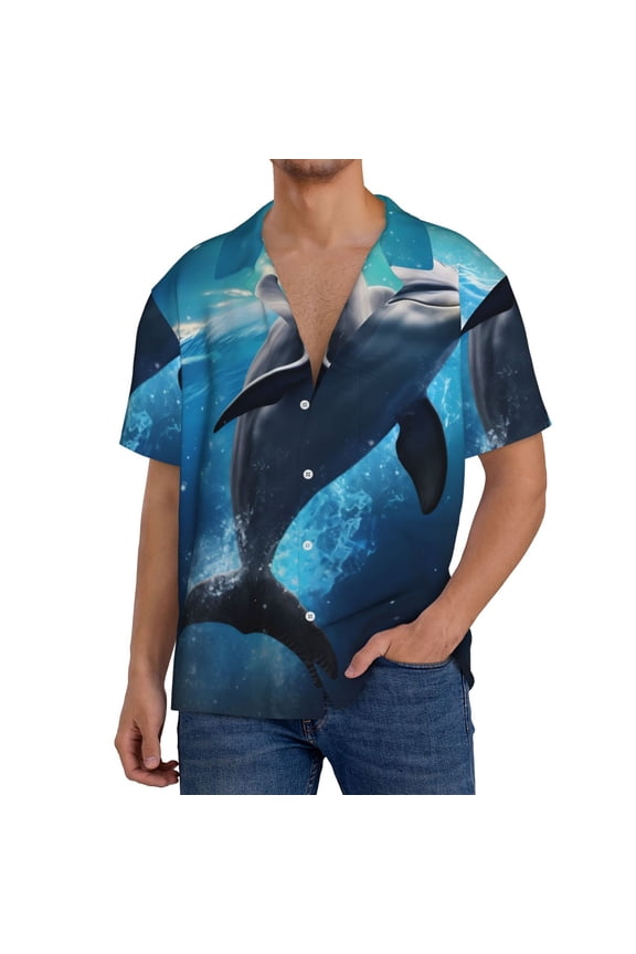 Ice Blue Ocean Cute Dolphin Print Men's Short-sleeved Shirts, Button-down Pocket Shirts, T-shirts, Beach Vacation Travel Summer Clothing-Large
