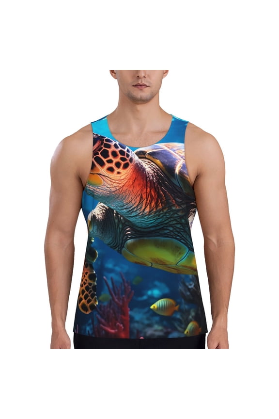Ice Blue Ocean Sea Turtle Print Men's Quick Dry Fitness Vest, Round Neck Sleeveless Fitness Bodybuilding Top-Small