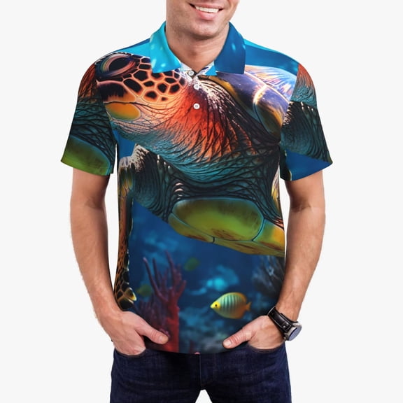 Gukieu Ice Blue Ocean Sea Turtle Print Men's Quick-drying POLO Shirt, Button-down Summer T-shirt, Suitable for Work and Outdoor Activities-Small