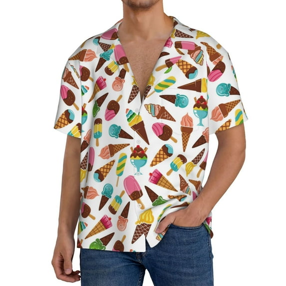 Gukieu Ice Cream Popsicles Print Men's Short-sleeved Shirts, Button-down Pocket Shirts, T-shirts, Beach Vacation Travel Summer Clothing-3X-Large