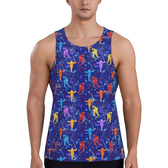 Gukieu Ice Hockey Players With Puck Print Men's Quick Dry Fitness Vest, Round Neck Sleeveless Fitness Bodybuilding Top-Medium
