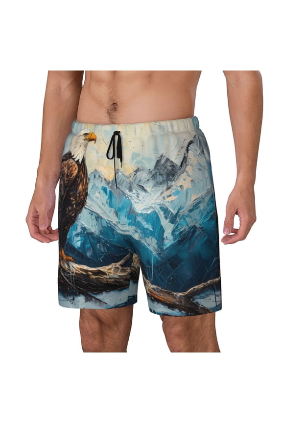 Iceberg Bald Eagle Print Men's Double Layer Sports Swim Trunks, Quick Dry Adjustable Waist Swim Shorts Swimwear-Medium