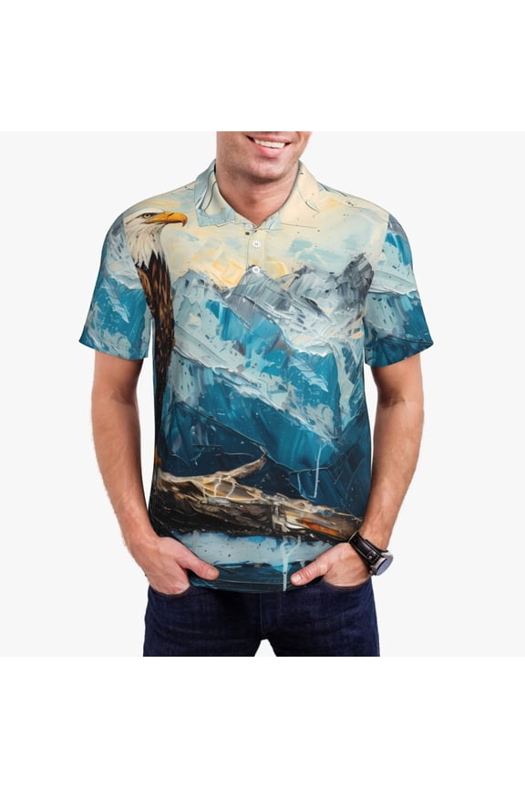 Iceberg Bald Eagle Print Men's Quick-drying POLO Shirt, Button-down Summer T-shirt, Suitable for Work and Outdoor Activities-Medium