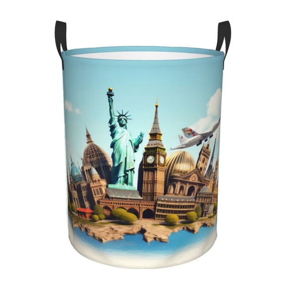 Gukieu Iconic Global Landmarks Print Round Dirty Clothes Bag, Waterproof Standing Home Bathroom Storage Basket Car Trunk Storage Bag-Small