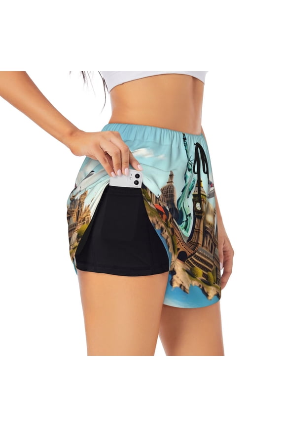 Iconic Global Landmarks Print Women's Sports Shorts with Drawstring Elastic Waistband for Running, Yoga, Fitness-X-Large