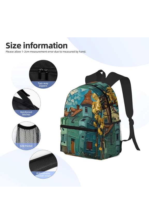 Impressionist Village Sky Print Backpack, Waterproof Backpack with Adjustable Shoulder Straps, Suitable for Campus, Business, Travel, Unisex