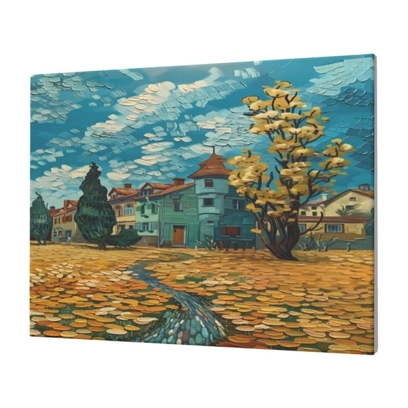 Gukieu Impressionist Village Sky Print Horizontal Canvas Decorative Painting 12x16 Inch Shrinkage Resistant Frame Hanging Home Wall Art Decor