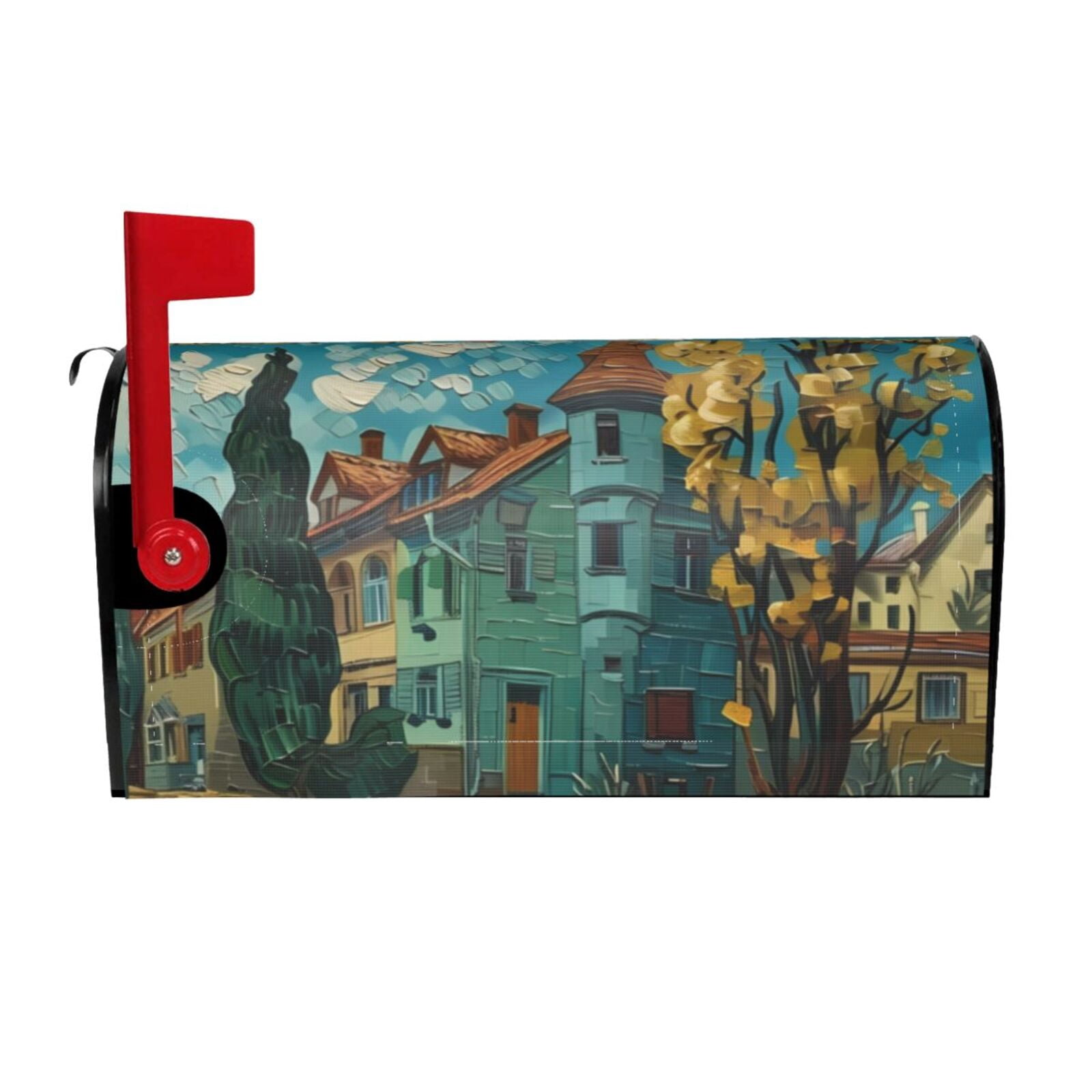 Gukieu Impressionist Village Sky Print Magnetic Mailbox Cover, Sun-proof and Waterproof Home Yard Mailbox Cover-21x18 in