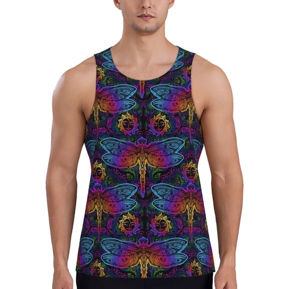 Gukieu Indian Mandalas Dragonfly Print Men's Quick Dry Fitness Vest, Round Neck Sleeveless Fitness Bodybuilding Top-4X-Large