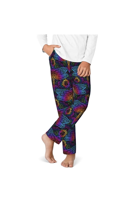 Indian Mandalas Dragonfly Print Youth Home Trousers, Elastic Waistband with Pockets for Home and Outing, Suitable for Children Aged 5-16-Small