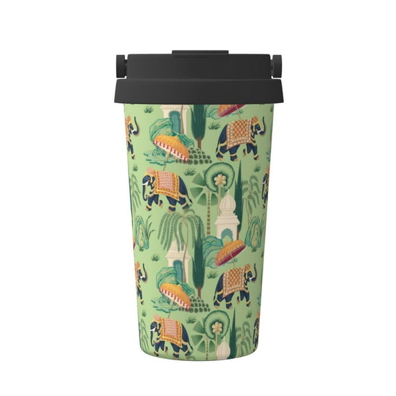 Gukieu Indian elephant Print Insulated Coffee Cup, Portable Stainless Steel Vacuum Cup with Lid, Unisex, Suitable for Office, Cafe, Car