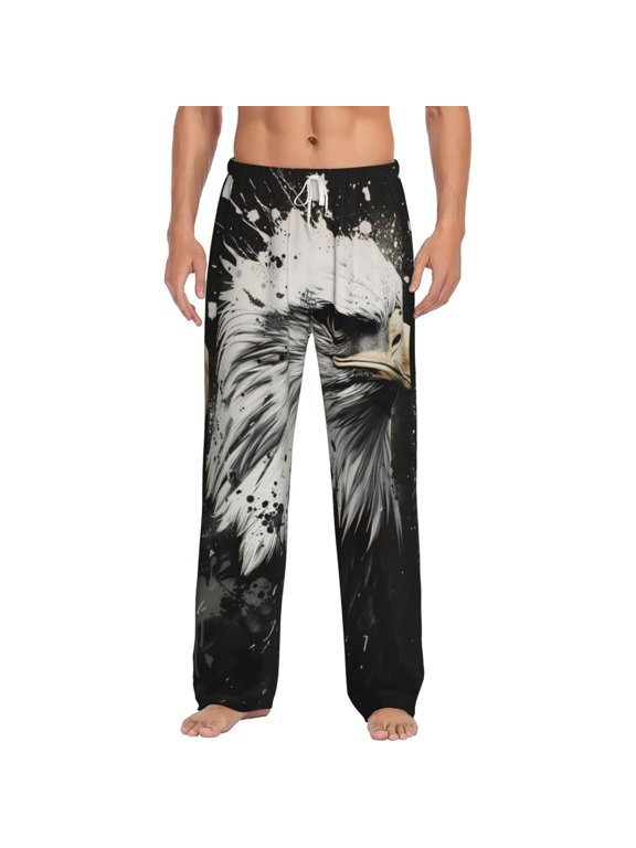 Ink Style Bald Eagle Print Men's Home Trousers, Elastic Drawstring Home Pajamas Clothing Suitable for Adult Men-XX-Large