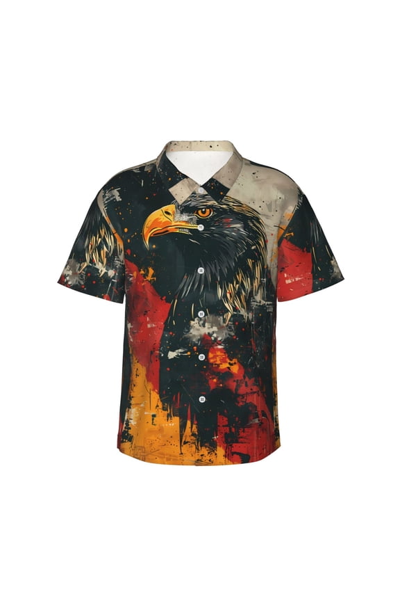 Ink Style Bald Eagle Print Men's Short-sleeved Shirts, Button-down Lapel Hawaiian Shirts, T-shirts, Beach Vacation Summer Casual Wear,Large