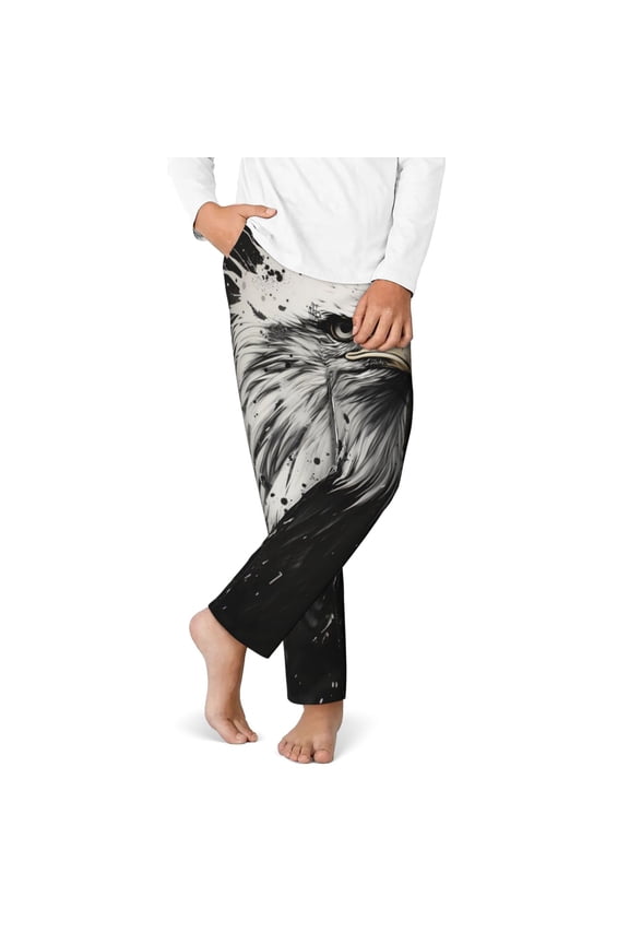 Ink Style Bald Eagle Print Youth Home Trousers, Elastic Waistband with Pockets for Home and Outing, Suitable for Children Aged 5-16-Large