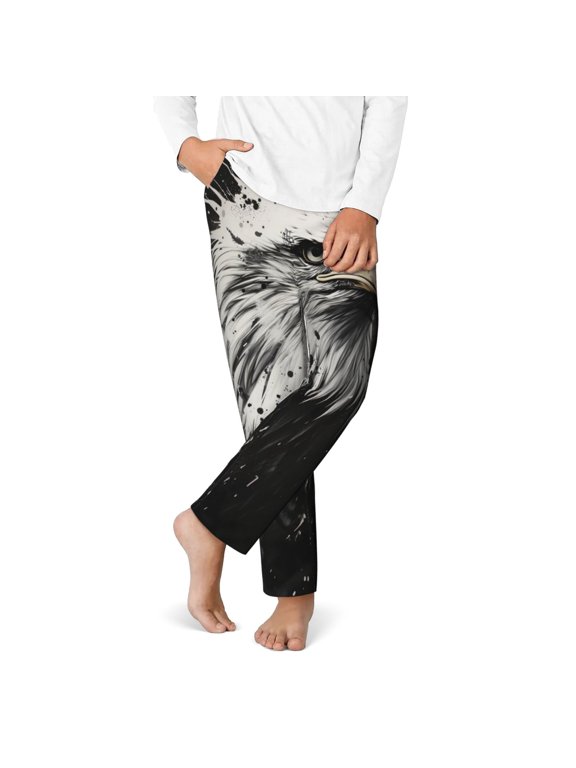 Ink Style Bald Eagle Print Youth Home Trousers, Elastic Waistband with Pockets for Home and Outing, Suitable for Children Aged 5-16-Large