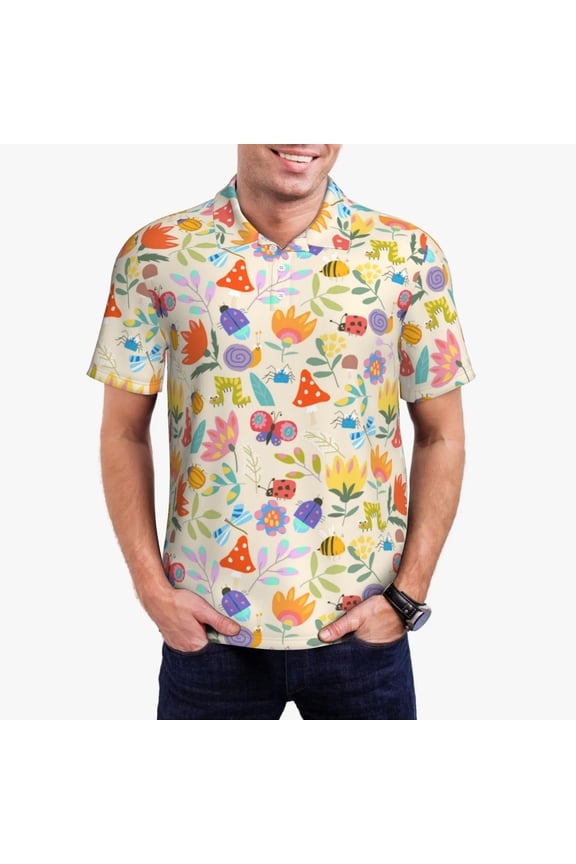 Insects In Plants Print Men's Quick-drying POLO Shirt, Button-down Summer T-shirt, Suitable for Work and Outdoor Activities-Small
