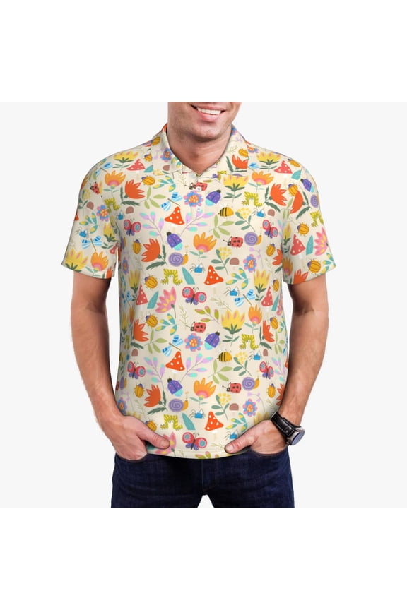 Insects In Plants Print Men's Quick-drying POLO Shirt, Button-down Summer T-shirt, Suitable for Work and Outdoor Activities-XX-Large
