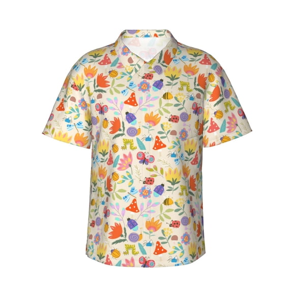 Gukieu Insects In Plants Print Men's Short-sleeved Shirts, Button-down Lapel Hawaiian Shirts, T-shirts, Beach Vacation Summer Casual Wear,3X-Large