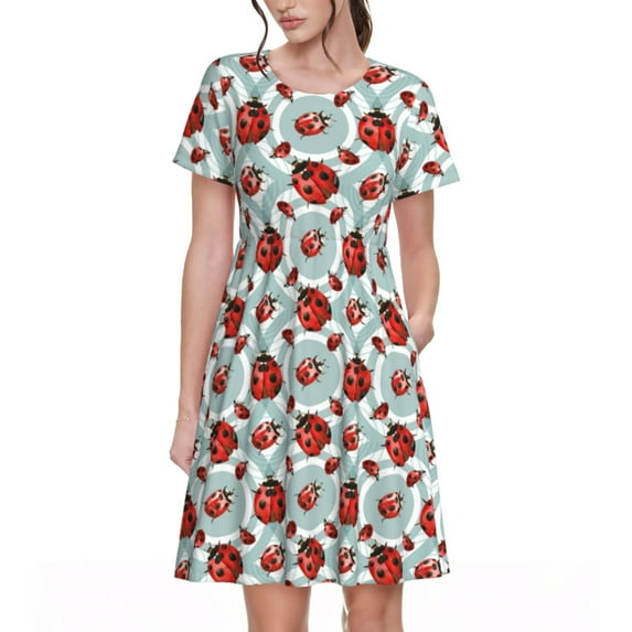 Gukieu Insects Print Women's Short Sleeve Dress, Elastic Waistband A-line with Pockets Summer Dress, Suitable for Daily Leisure, Work, Vacation