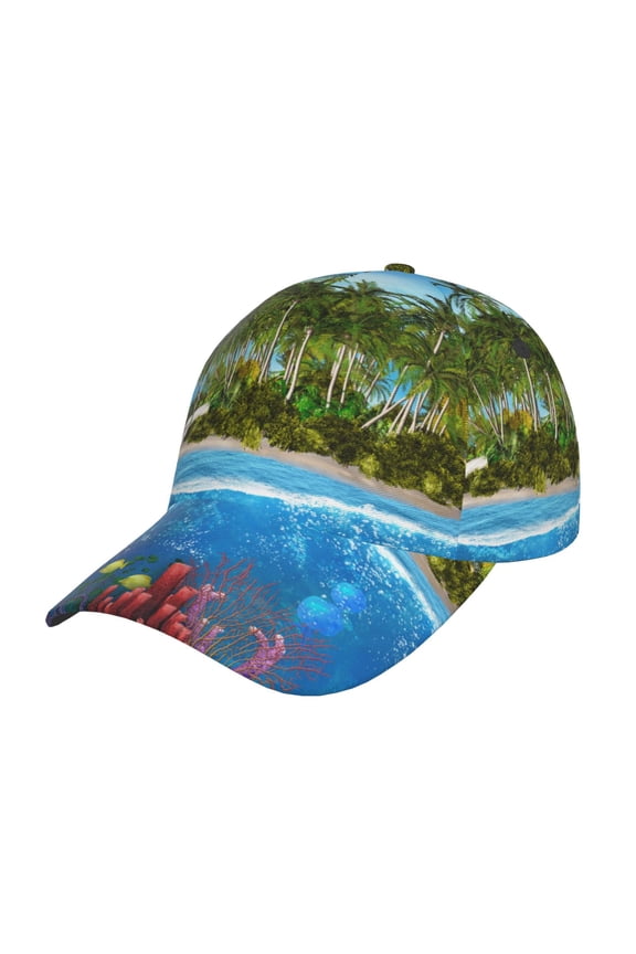 Island And Coral Reef Prin Baseball Cap, Adjustable Sweat-wicking Daily,Travel, Sports Cap, Unisex