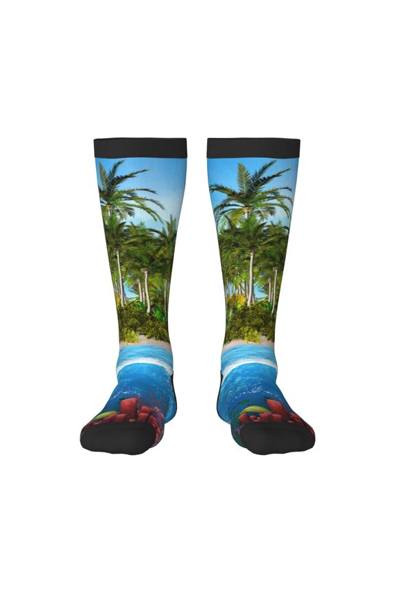Island And Coral Reef Print Contrast Color Stockings, Elastic Sports Socks Warm Socks Clothing Accessories, Adult Unisex