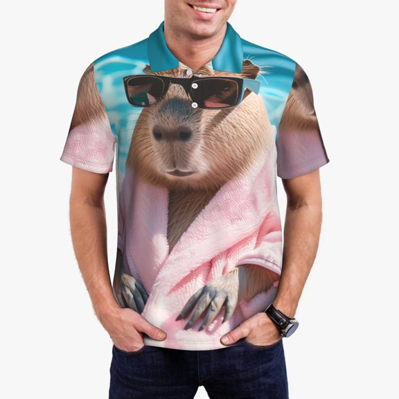 Gukieu Island Vacation Guinea Pig Print Men's Quick-drying POLO Shirt, Button-down Summer T-shirt, Suitable for Work and Outdoor Activities-Medium