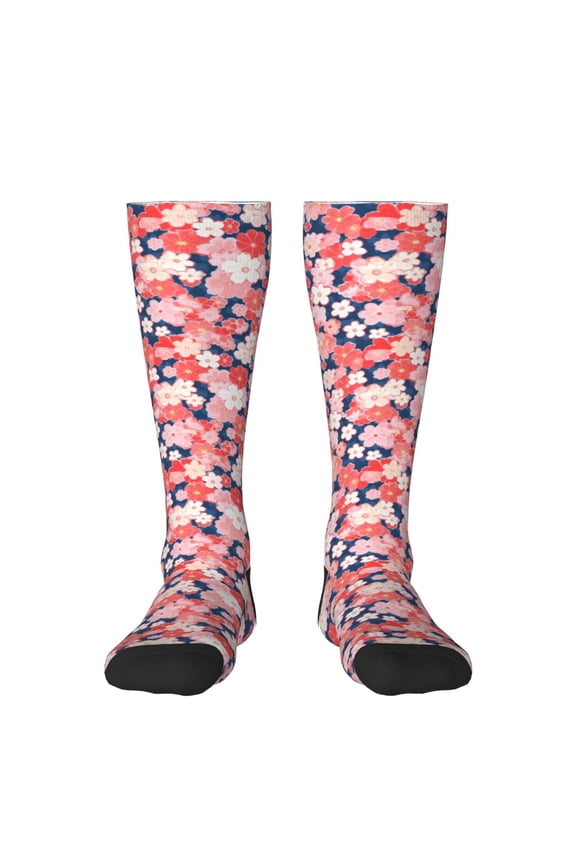 Japanese Cherry Blossoms Print Contrast Color Stockings, Elastic Sports Socks Warm Socks Clothing Accessories, Adult Unisex