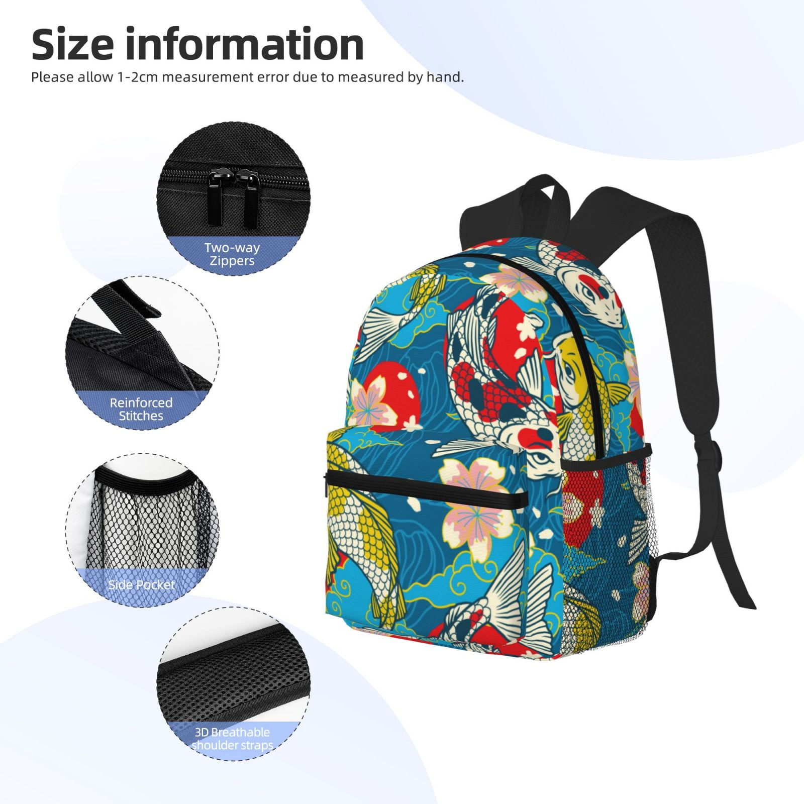 Gukieu Japanese Koi Print Backpack, Waterproof Backpack with Adjustable Shoulder Straps, Suitable for Campus, Business, Travel, Unisex