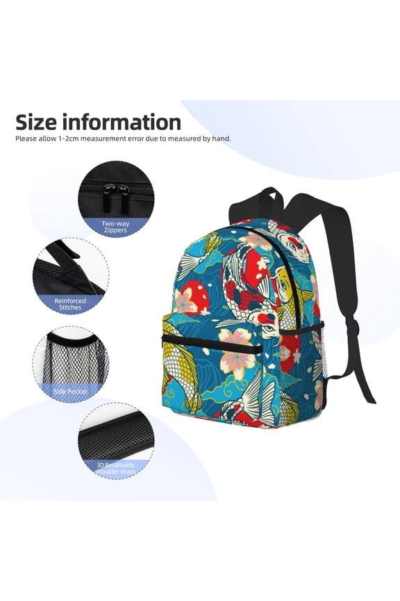 Japanese Koi Print Backpack, Waterproof Backpack with Adjustable Shoulder Straps, Suitable for Campus, Business, Travel, Unisex