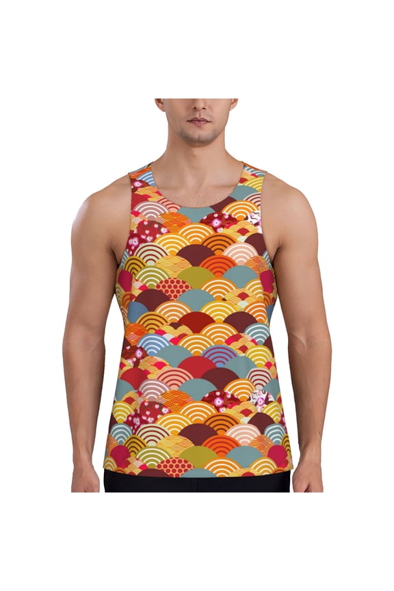 Japanese Style Fish Scales Print Men's Quick Dry Fitness Vest, Round Neck Sleeveless Fitness Bodybuilding Top-4X-Large