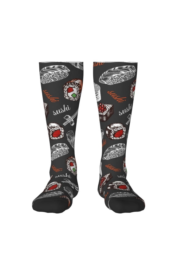Japanese Sushi Hashi Print Contrast Color Stockings, Elastic Sports Socks Warm Socks Clothing Accessories, Adult Unisex