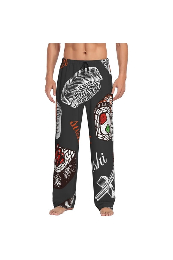 Japanese Sushi Hashi Print Men's Home Trousers, Elastic Drawstring Home Pajamas Clothing Suitable for Adult Men-3X-Large