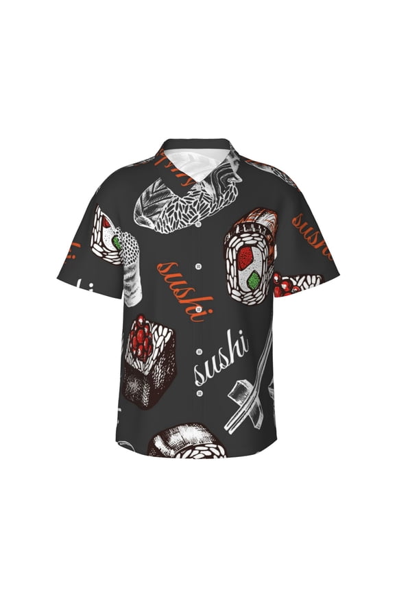 Japanese Sushi Hashi Print Men's Short-sleeved Shirts, Button-down Lapel Hawaiian Shirts, T-shirts, Beach Vacation Summer Casual Wear,Large