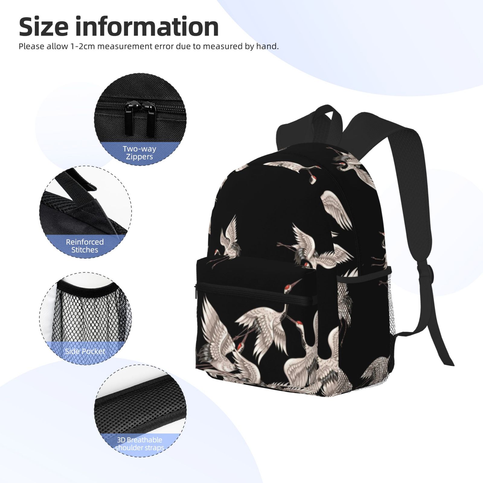 Gukieu Japanese White Crane Print Backpack, Waterproof Backpack with Adjustable Shoulder Straps, Suitable for Campus, Business, Travel, Unisex