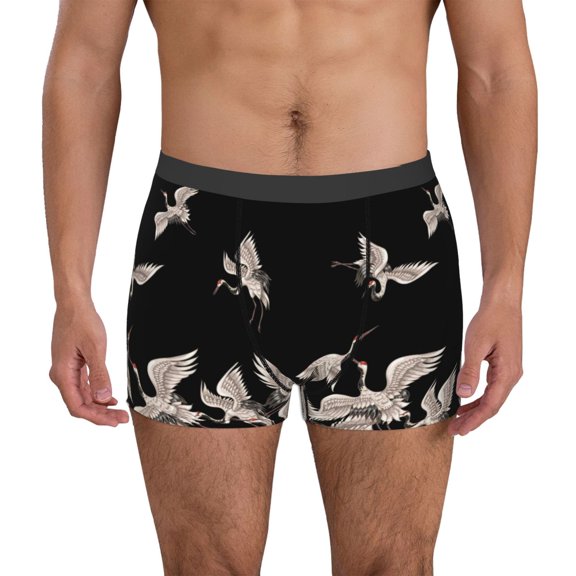 Gukieu Japanese White Crane Print Men's Boxer Briefs, High Elastic Moisture Wicking Boxer Briefs Underwear-X-Large