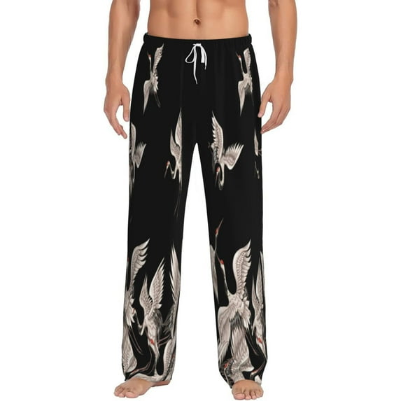 Gukieu Japanese White Crane Print Men's Home Trousers, Elastic Drawstring Home Pajamas Clothing Suitable for Adult Men-X-Large