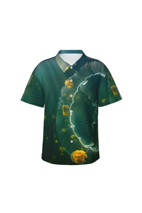 Jelly Fish Print Men's Short-sleeved Shirts, Button-down Lapel Hawaiian Shirts, T-shirts, Beach Vacation Summer Casual Wear,Large