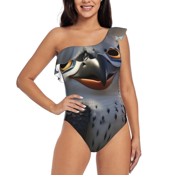 Gukieu Joyful Animated Bird Print One-shoulder Ruffled One-piece Swimsuit with Removable Chest Pads and Tummy-control Swimsuit for Women-Large