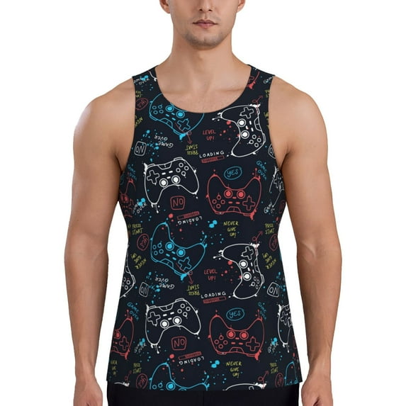 Gukieu Joystick Gamepad Print Men's Quick Dry Fitness Vest, Round Neck Sleeveless Fitness Bodybuilding Top-3X-Large