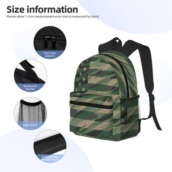 Gukieu Jungle Green Camo USA Flag Print Backpack, Waterproof Backpack with Adjustable Shoulder Straps, Suitable for Campus, Business, Travel, Unisex