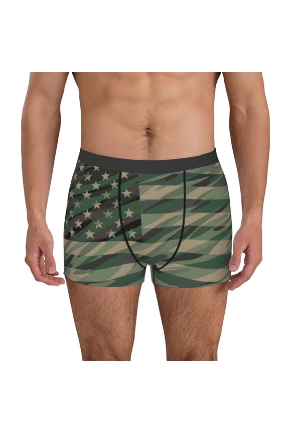 Jungle Green Camo USA Flag Print Men's Boxer Briefs, High Elastic Moisture Wicking Boxer Briefs Underwear-Medium
