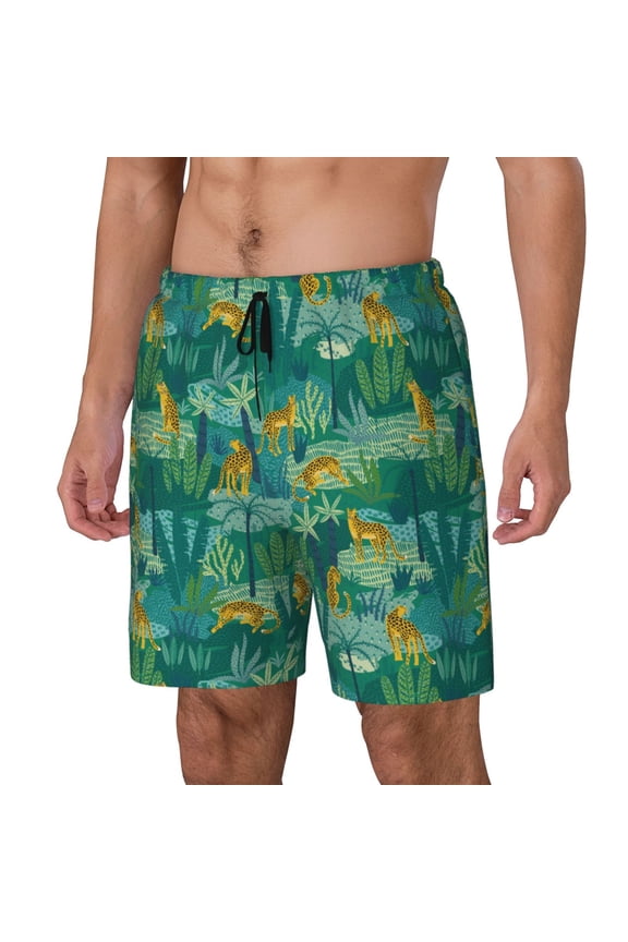 Jungle Leopard Print Men's Double Layer Sports Swim Trunks, Quick Dry Adjustable Waist Swim Shorts Swimwear-3X-Large