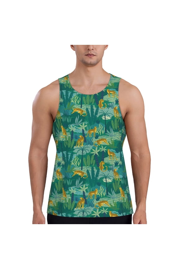 Jungle Leopard Print Men's Quick Dry Fitness Vest, Round Neck Sleeveless Fitness Bodybuilding Top-Large