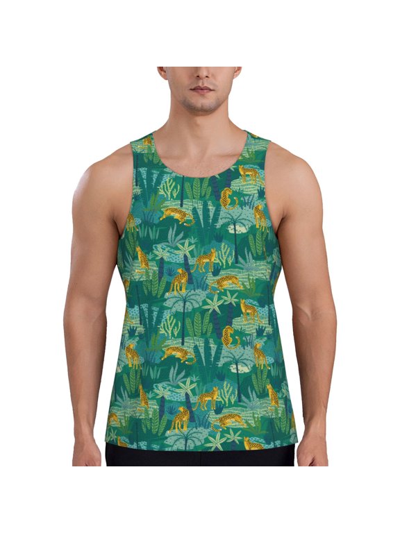 Jungle Leopard Print Men's Quick Dry Fitness Vest, Round Neck Sleeveless Fitness Bodybuilding Top-XX-Large